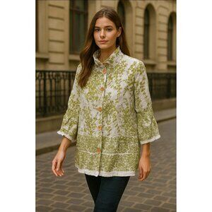 Terra SJ Apparel Green Floral Tunic Blouse Women’s S Cotton Rayon Button Front
